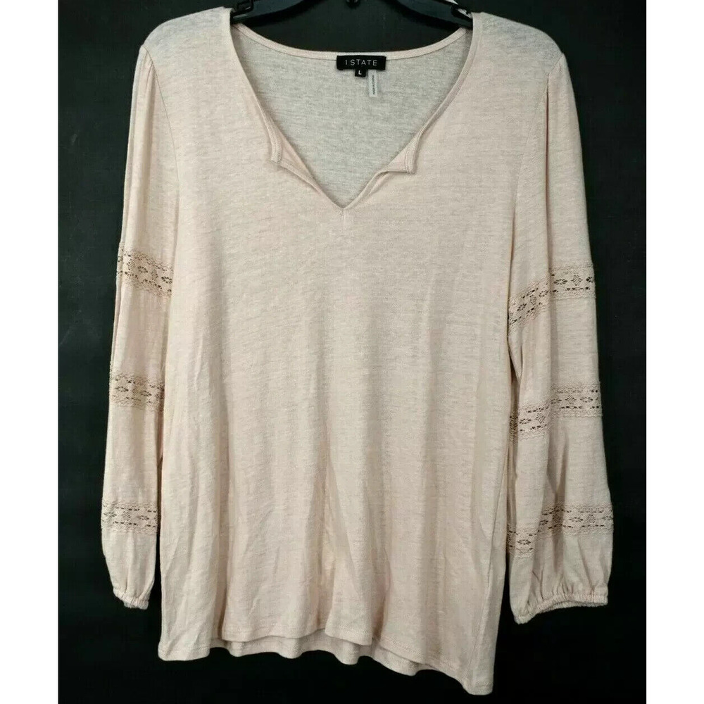 1. State Women's Split Neck Lace Trimmed Balloon Sleeves Heather Top Ecru L $59